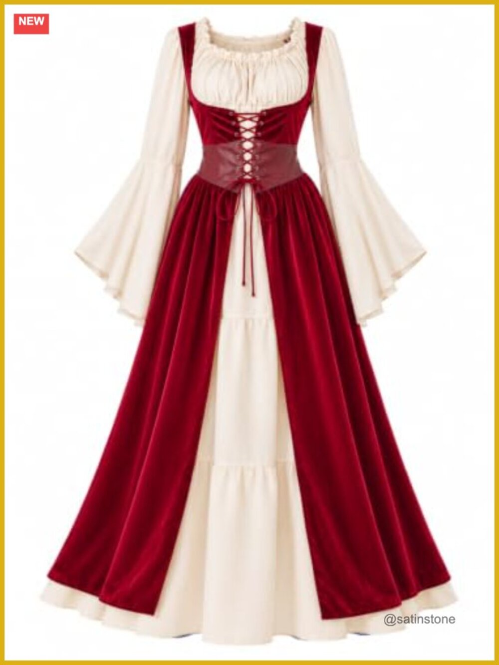 Renaissance Costume Dress Lace-Up Corset Bell Sleeves Velvet-Look